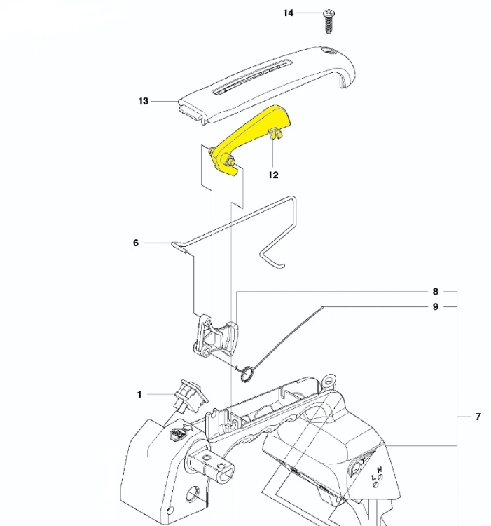 Blokada dźwigni gazu do pilarki T425 Husqvarna, montowana na obudowie, zdjęcie przedstawiające schemat, blokada oznaczona kolorem żółtym i numerem 12,