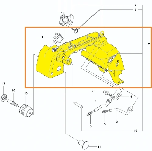 zdjęcie schematu ukazujące umiejscowienie uchwytu pilarki T425 Husqvarna, element oznaczony kolorem żółtym i numerem 7,