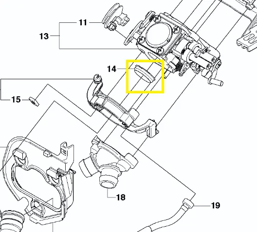 Tuleja pilarki Husqvarna, widziana z góry, leżąca. Czerwony element z oznaczeniami, mocowaniami i otworami. Na białym tle, pokazuje konstrukcję i detale układu.