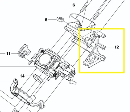 Podstawa filtra pilarki Husqvarna 570 w detalach. Zestaw części składa się z elementów metalowych i plastikowych, w tym pomarańczowej pokrywy. Widoczne otwory montażowe oraz oznaczenia kodów części, na jasnym tle w układzie technicznym.