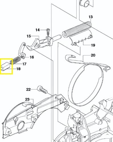 Prowadnik pilarki Husqvarna 570, 545, czarny, metalowy, z kwadratową podstawą, frontalne ujęcie na jednolitym tle, z gwintowanymi otworami, idealny do montażu w pilarkach. Zaznaczony na żółto.