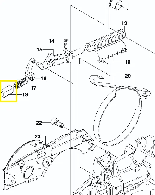 Prowadnik pilarki Husqvarna 570, 545, czarny, metalowy, z kwadratową podstawą, frontalne ujęcie na jednolitym tle, z gwintowanymi otworami, idealny do montażu w pilarkach. Zaznaczony na żółto.