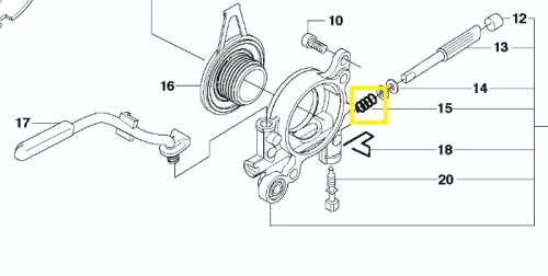 Schemat sprężyny pompy oleju do pilarki 365, 570 Husqvarna. Zaznaczona na kolor żółty. Na zdjęciu inne części pasujące do tych modeli pilarek.
