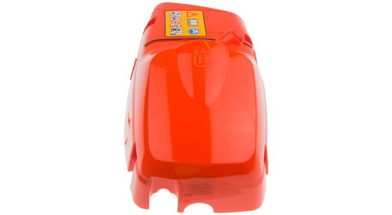 Pomarańczowa plastikowa pokrywa cylindra pilarek Husqvarna 570, 576XP z zapięciami i logo. Widok frontalny na gładką powierzchnię i instrukcje bezpieczeństwa.