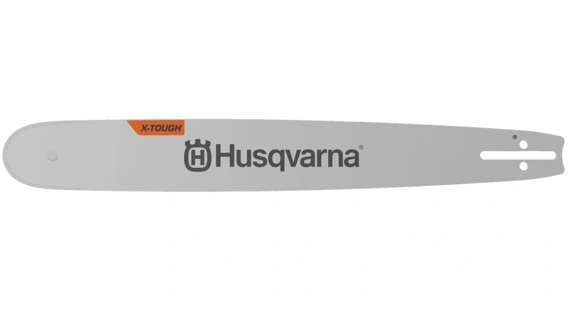 Prowadnica Husqvarna 18/.325/1,5mm w kolorze metalicznym, z wyraźnym logo Husqvarna oraz pomarańczowym napisem X-Tough. Produkt leżący, z widokiem frontalnym, ukazujący szczegóły mocowania i kształt. Tło jednolite, podkreślające design.