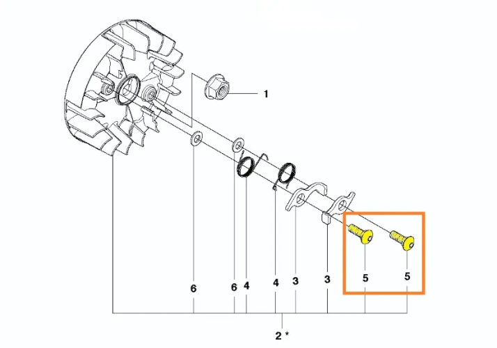 Śruba koła magnesowego pilarki T425 Husqvarna, zdjęcie schematu przedstawiające umiejscowienie śruby, oznaczona kolorem żółtym i numerem 5,