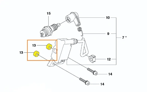 zdjęcie schematu umiejscowienia podkładki do pilarki T425 Husqvarna, element oznaczony kolorem żółtym i numerem 13,