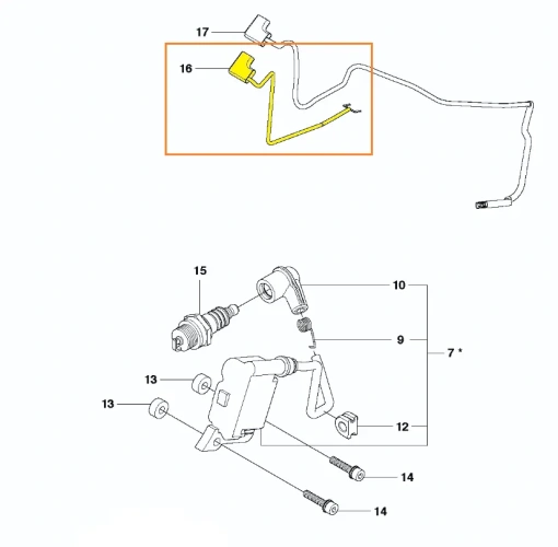 zdjęcie schematu umiejscowienia wiązki montażowej modułu pilarki T425 Husqvarna, wiązka oznaczona numerem 16 i kolorem żółtym,