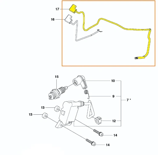 zdjęcie schematu umiejscowienia instalacji elektrycznej pilarki T425 Husqvarna, instalacja oznaczona numerem 17 i kolorem żółtym,