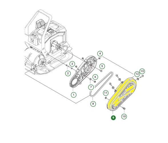 schemat przedstawia osłonę pasa przeznaczoną do zagęszczarek Husqvarna. Osłona jest dedykowana do modelu Husqvarna LF 60iLAT