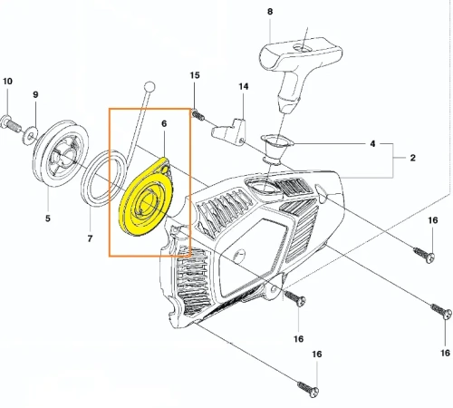 Sprężyna rozrusznika pilarki T425 Husqvarna, zdjęcie schematu, sprężyna oznaczona kolorem żółtym i numerem 6,