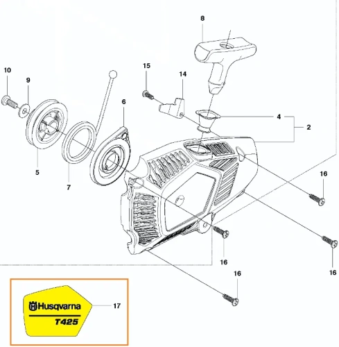 zdjęcie schematu naklejki do pilarki T425 Husqvarna. Widoczne logo Husqvarna,  ułożona na jednolitym tle, oznaczona kolorem żółtym i numerem 17,