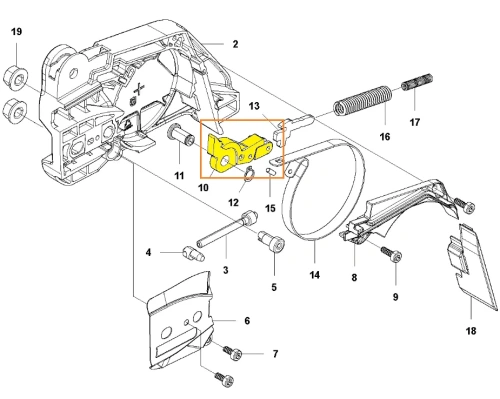 mechanizm dźwigni hamulca pilarki 543 XP, zdjęcie schematu, umiejscowienie dźwigni na schemacie pod numerem 10, oznaczona kolorem żółtym i pomarańczową ramką,