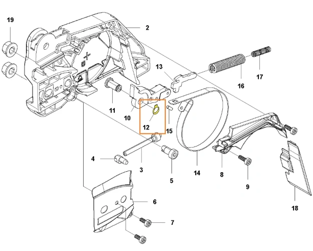 Pierścień uszczelniający pilarki 543 XP Husqvarna, zdjęcie przedstawiające umiejscowienie na schemacie pilarki, pierścień oznaczony kolorem żółtym, pomarańczową ramką i numerem 12,