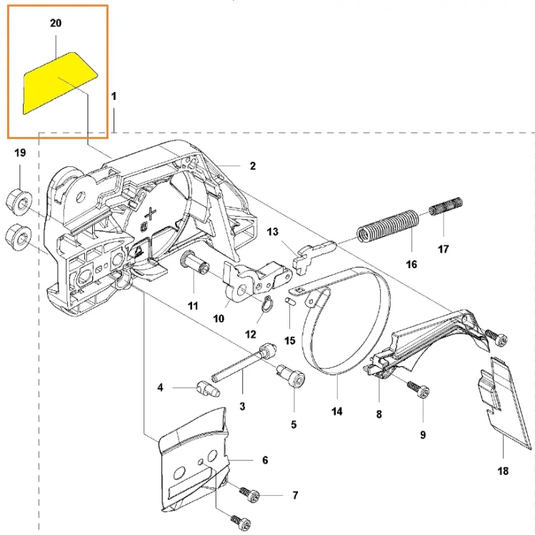 zdjęcie schematu naklejka do pilarki 543 XP Husqvarna. Widoczne logo Husqvarna,  ułożona na jednolitym tle, oznaczona kolorem żółtym i numerem 20,