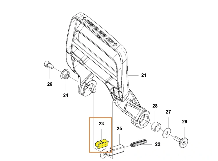 Zatrzask hamulca do pilarki Husqvarna 543 XP, wykonany z tworzywa sztucznego. Widoczny w zbliżeniu na zdjęciu schematowym, oznaczony kolorem żółtym, pomarańczową ramką i numerem 23,