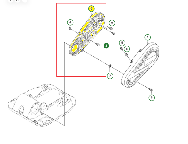 Schemat przedstawia osłonę wewnętrzną paska zagęszczarek Husqvarna. Osłona jest dedykowana między innymi do zagęszczarki Husqvarna LF 130 LT.