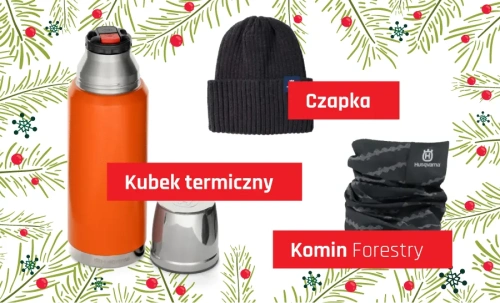 Zestaw prezentowy Husqvarna składający się z czapki w ciemnym kolorze oraz czerwonego termosu Husqvarna. Obiekty leżą na jasnym tle z dekoracjami. W tle widoczne dekoracje świąteczne.