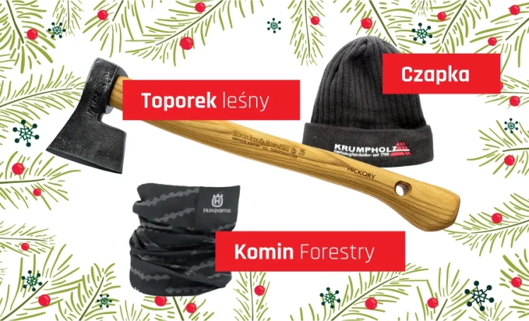 Zestaw prezentowy Husqvarna zawiera czapkę wełnianą czarną z logo, toporek leśny, komin szary z logo. Ułożenie produktów na jasnym tle z dekoracjami.