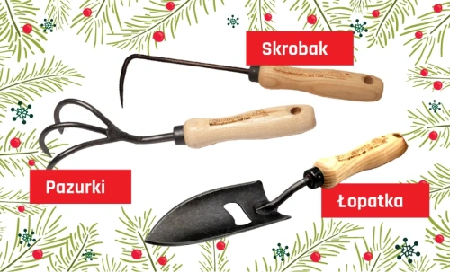 Zestaw składa się z wysokiej jakości narzędzi ogrodowych metalowych na drewnianym trzonku, 3 szt. narzędzi, pazurki, łopatka z otworem oraz skrobak.