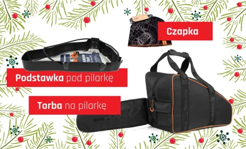 Zestaw prezentowy Power Pack zawiera czarną torbę na pilarkę z pomarańczowymi detalami i zamkiem, czapkę z logo oraz podstawkę pod pilarkę.