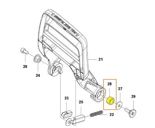 Tuleja pilarki Husqvarna 543XP, w kolorze szarym, z widocznymi elementami mocującymi. Ujęcie na zdjęciu schematowym, część oznaczona kolorem żółtym i numerem 28