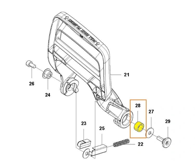 Tuleja pilarki Husqvarna 543XP, w kolorze szarym, z widocznymi elementami mocującymi. Ujęcie na zdjęciu schematowym, część oznaczona kolorem żółtym i numerem 28