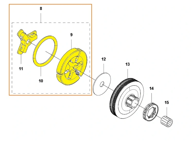Zespół sprzęgła do pilarki Husqvarna 543 XP/543 XP G, metalowe, okrągłe, z wyraźnymi nacięciami i otworami. Widok frontalny, leżące na płaskiej powierzchni. Część elementów współpracy z innymi częściami silnika widoczna wokół. Tło białe.