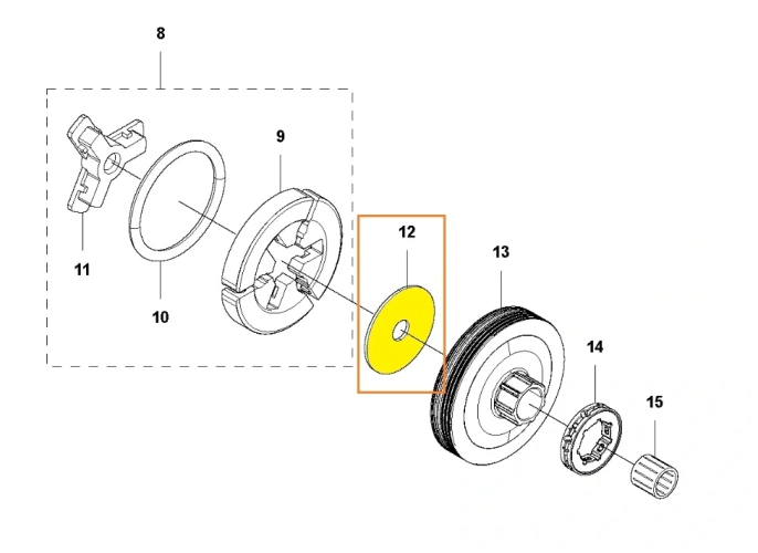 Żółta okrągła płytka do sprzęgła pilarki Husqvarna 543 XP, 543 XP G, z otworem , oznaczona numerem 12, leżąca na białym tle, otoczona innymi częściami.