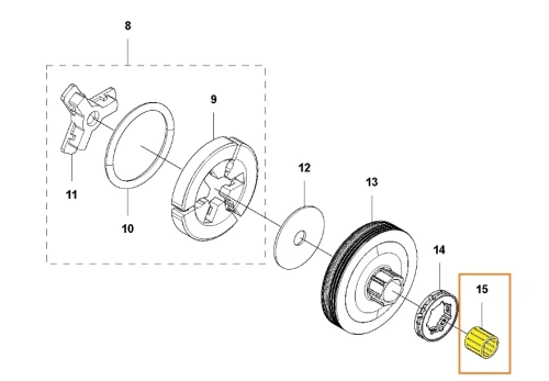 Łożysko igiełkowe pilarki 543 XP/ 543 XP G Husqvarna w zbliżeniu, ukazane na białym tle na schemacie razem z innymi częściami. element ma cylindryczny kształt, wykonana z metalu,