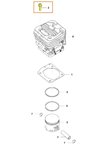 Śruba cylindra do pilarki Husqvarna 543 XP, stalowa, w kolorze srebrnym, z gwintem i sześciokątną główką, umieszczona w ujęciu z boku, na tle schematu silnika. Kluczowy element mocujący, opisany szczegółowo dla serwisantów.