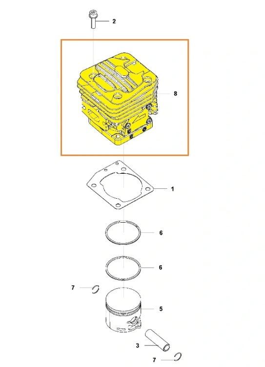 Cylinder do pilarki 543 XP i 543 XP G Husqvarna, zdjęcie schematu, cylinder oznaczony kolorem żółtym, w tle widać inne współpracujące z nim części,