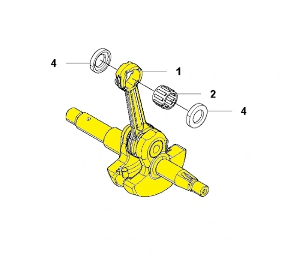 Wał korbowy pilarki 543 XP Husqvarna, ujęty na zdjęciu schematowym, oznaczony kolorem żółtym i numerem 1, w tle widać inne części,
