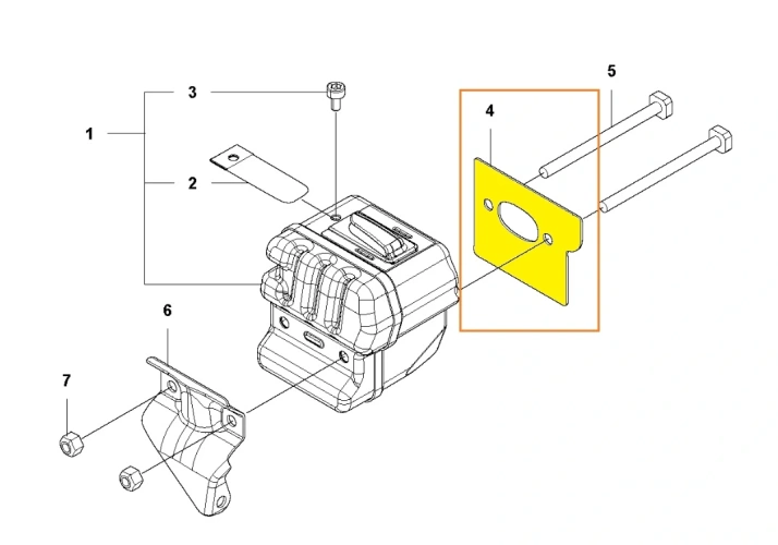 Uszczelka tłumika pilarki 543 XP Husqvarna, przedstawiona na zdjęciu schematu pilarki, oznaczona kolorem żółtym i numerem 4, w tle widać inne części, białe, jasne tło,