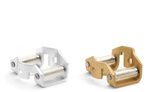 Metalowy prowadnik pilnika 4,0x1,3 mm Husqvarna w kolorze srebrnym i złotym. Ujęcie frontalne dwóch wariantów z rolkami i widocznymi mocowaniami na jednolitym tle, do precyzyjnego szlifowania.