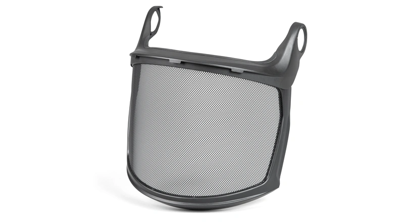 Przyłbica siatkowa do kasków Spire Husqvarna, czarna z widocznymi otworami montażowymi, przezroczysta czarna siatka, ujęcie z profilu,