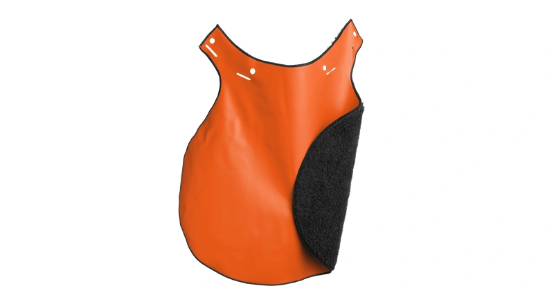Zimowa osłona karku do kasków Husqvarna, widok frontalny, w kolorze pomarańczowym z widocznym ociepleniem, otwory montażowe widoczne u góry,
