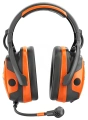 Ochronniki słuchu X-COM Active Husqvarna w kolorze czarnym z pomarańczowymi akcentami. Ujęcie frontalne, produkt z widocznym mikrofonem i przyciskami. Wygodne nauszniki idealne do używania na zewnątrz czy w głośnym otoczeniu.