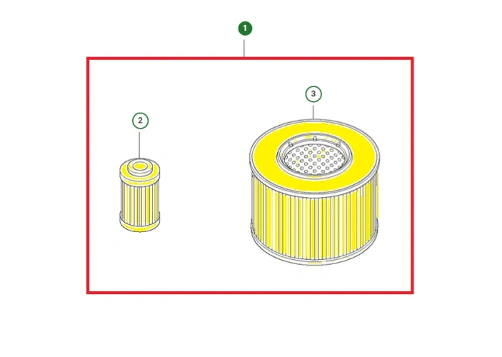 Schemat przedstawia zestaw serwisowy 6 msc. zagęszczarek Husqvarna. Zestaw serwisowy jest dedykowany między innymi do zagęszczarki Husqvarna LF 130 LT.