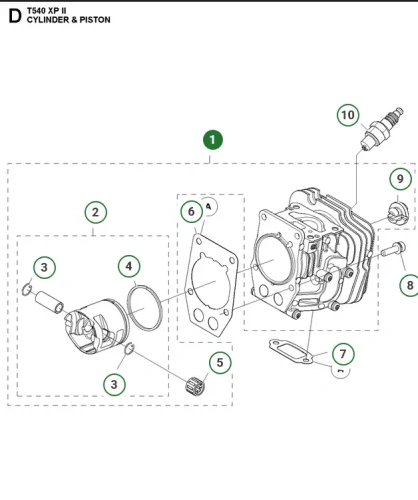 Cylinder pilarki T540 XP II w ujęciu frontalnym, pokazujący silnik z wyraźnymi szczegółami, w tym cylindrem z wyżłobieniami oraz mocowaniami. Widoczne elementy, takie jak uszczelka, tłok i przewody, umieszczone na białym tle dla lepszej widoczności.