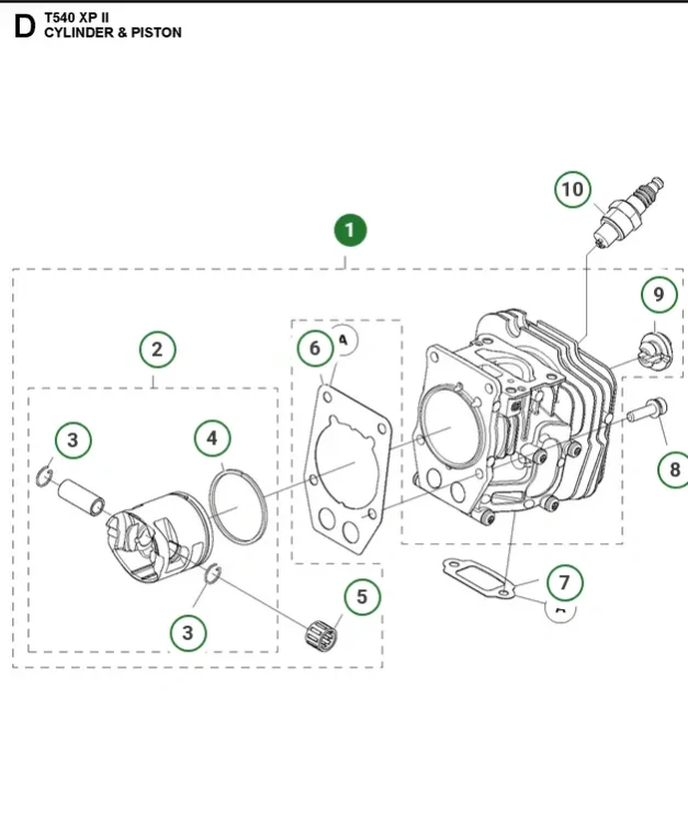 Cylinder pilarki T540 XP II w ujęciu frontalnym, pokazujący silnik z wyraźnymi szczegółami, w tym cylindrem z wyżłobieniami oraz mocowaniami. Widoczne elementy, takie jak uszczelka, tłok i przewody, umieszczone na białym tle dla lepszej widoczności.