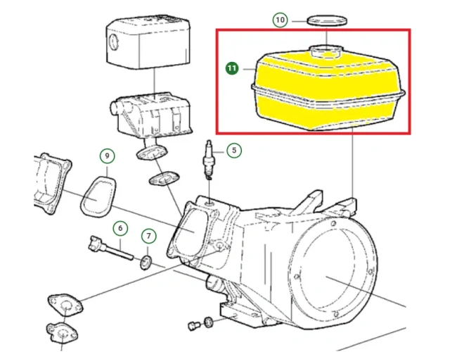 Schemat przedstawia zbiornik paliwa do zagęszczarek Husqvarna. Zbiornik jest dedykowany między innymi do zagęszczarki Husqvarna LF 80 L.
