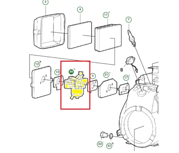 Schemat przedstawia gaźnik do zagęszczarek Husqvarna. Gaźnik jest dedykowany między innymi do zagęszczarki Husqvarna LF 50L