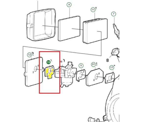 Schemat przedstawia uszczelkę gaźnika do zagęszczarek Husqvarna. Uszczelka jest dedykowana między innymi do zagęszczarki Husqvarna LF 50L