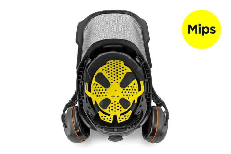 kask ochronny do prac leśnych i ogrodowych Husqvarna, widok od dołu, w kolorze czarnym, widoczne otwory wentylacyjne, żółty system MIPS umieszczony wewnątrz kasku, nauszniki przeciwhałasowe,