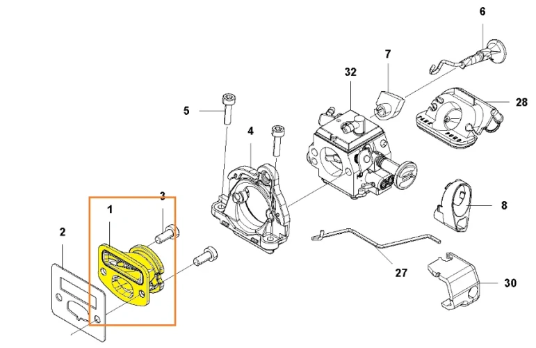 Łącznik gaźnika pilarki 543 XP Husqvarna, zdjęcie schematu, łącznik oznaczony kolorem żółtym, numerem 1 i pomarańczową ramką, na schemacie widoczne są też inne elementy gaźnika,