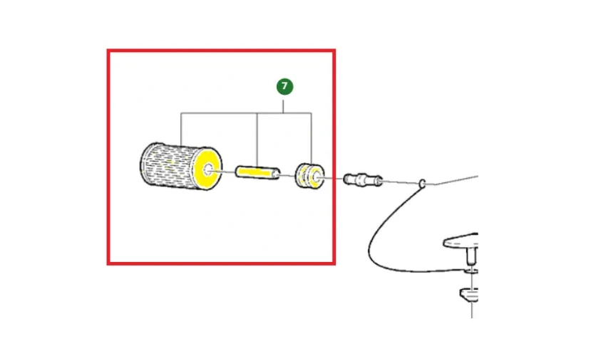 Schemat przedstawia filtr paliwa do zagęszczarek Husqvarna. Filtr jest dedykowany między innymi do zagęszczarki Husqvarna LF 100LAT