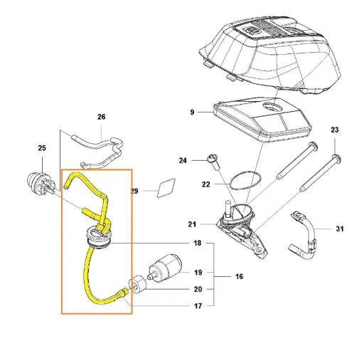 Rysunek techniczny pilarki 543 XP Husqvarna. Przedstawia on rozłożone na części elementy obudowy i układu paliwowego, przewód oznaczony kolorem żółtym, na jasnym tle,