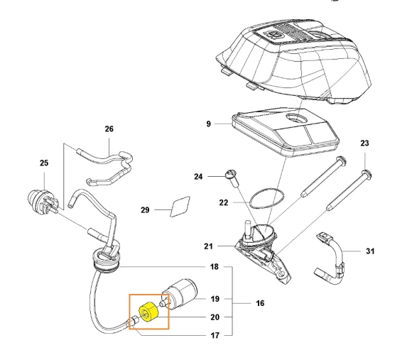 Element uszczelniający przewodu pilarki 543 XP Husqvarna, element oznaczony kolorem żółtym, widoczny w otoczeniu innych współpracujących części,