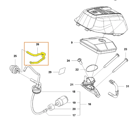 Rysunek techniczny pilarki 543 XP Husqvarna. Przedstawia on rozłożone na części elementy obudowy i układu paliwowego, przewód oznaczony kolorem żółtym, na jasnym tle,